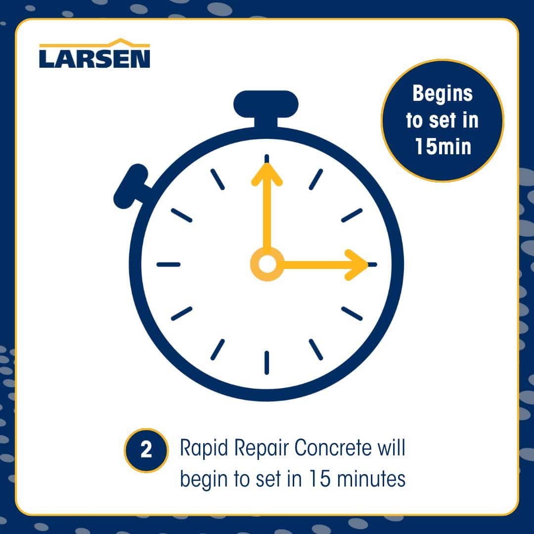 Step 3 of the Larsen Quickmix Rapid Repair Concrete process — mixing the rapid-set concrete to a workable consistency.