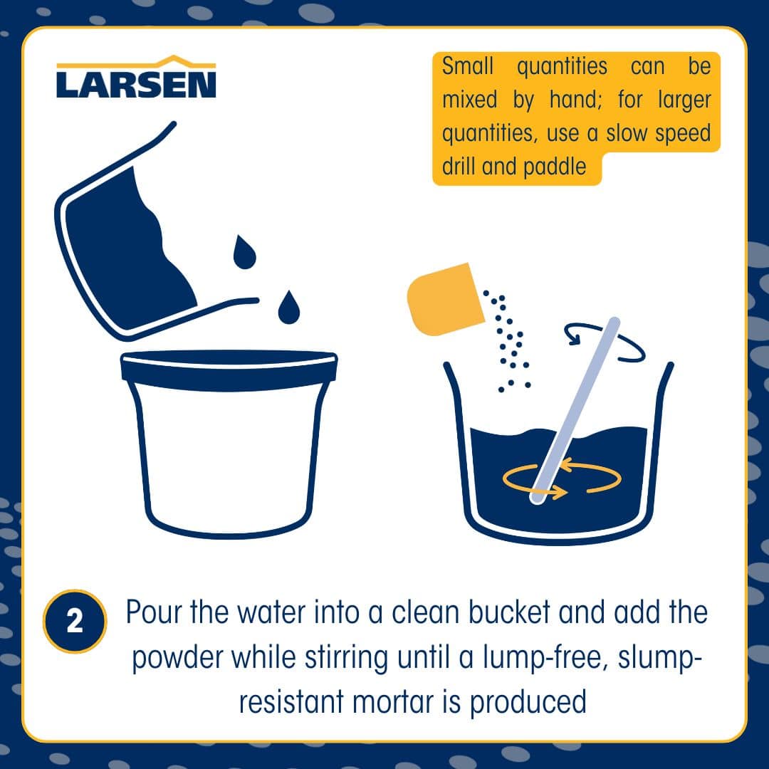 Step 3 of the Larsen Quickmix Rapid Repair Mortar process — emptying the pre-blended mortar into a mixing container.