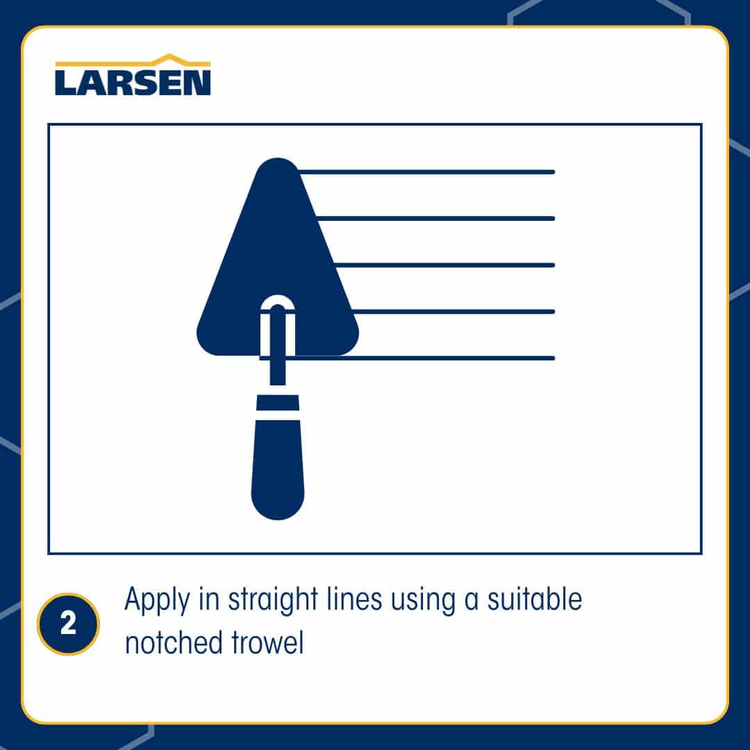 Step 3 of the Larsen Fusion XT Brick Slip Bond installation — applying the adhesive to the prepared surface with a notched trowel.