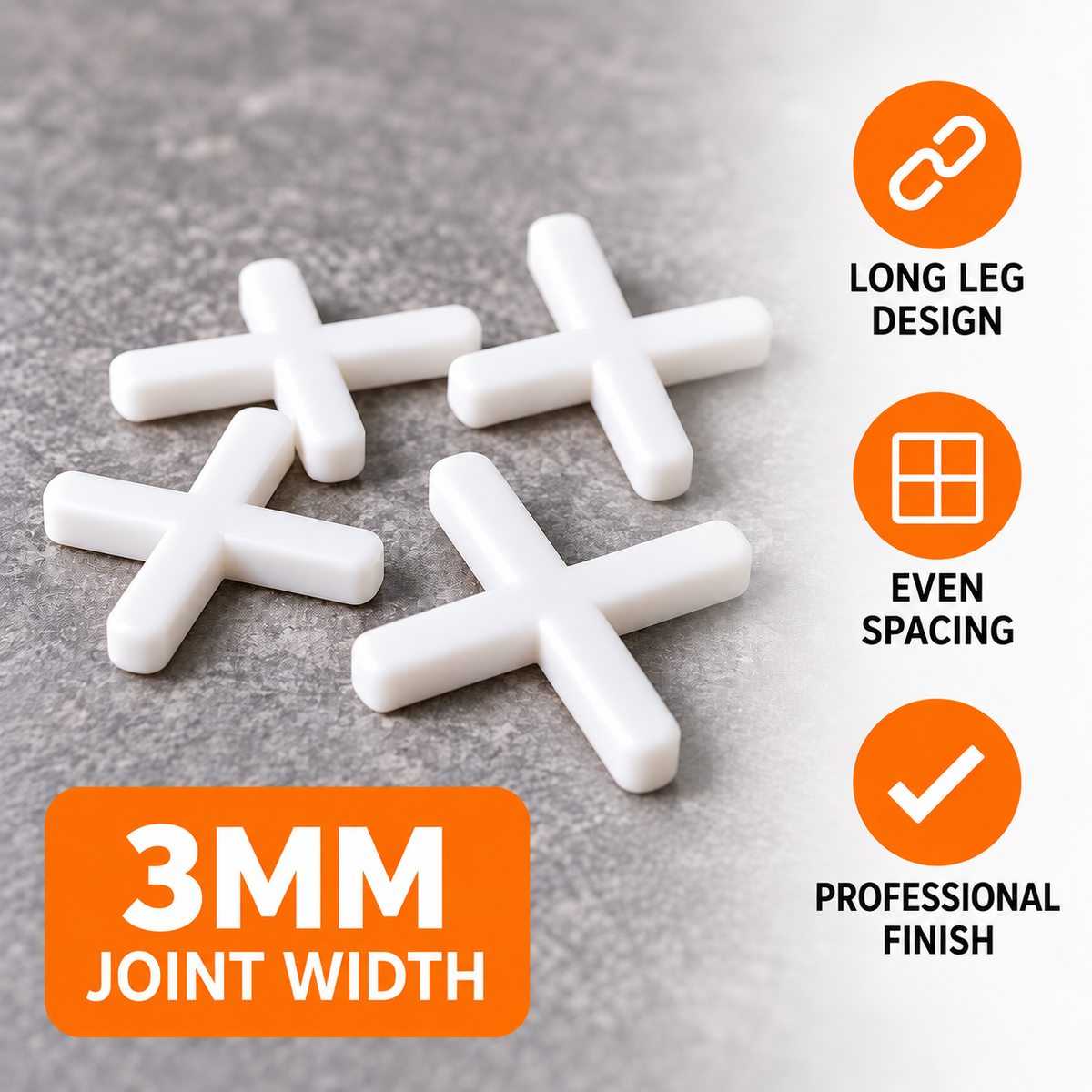 3mm long leg tile spacers showing joint width, even spacing and professional finish
