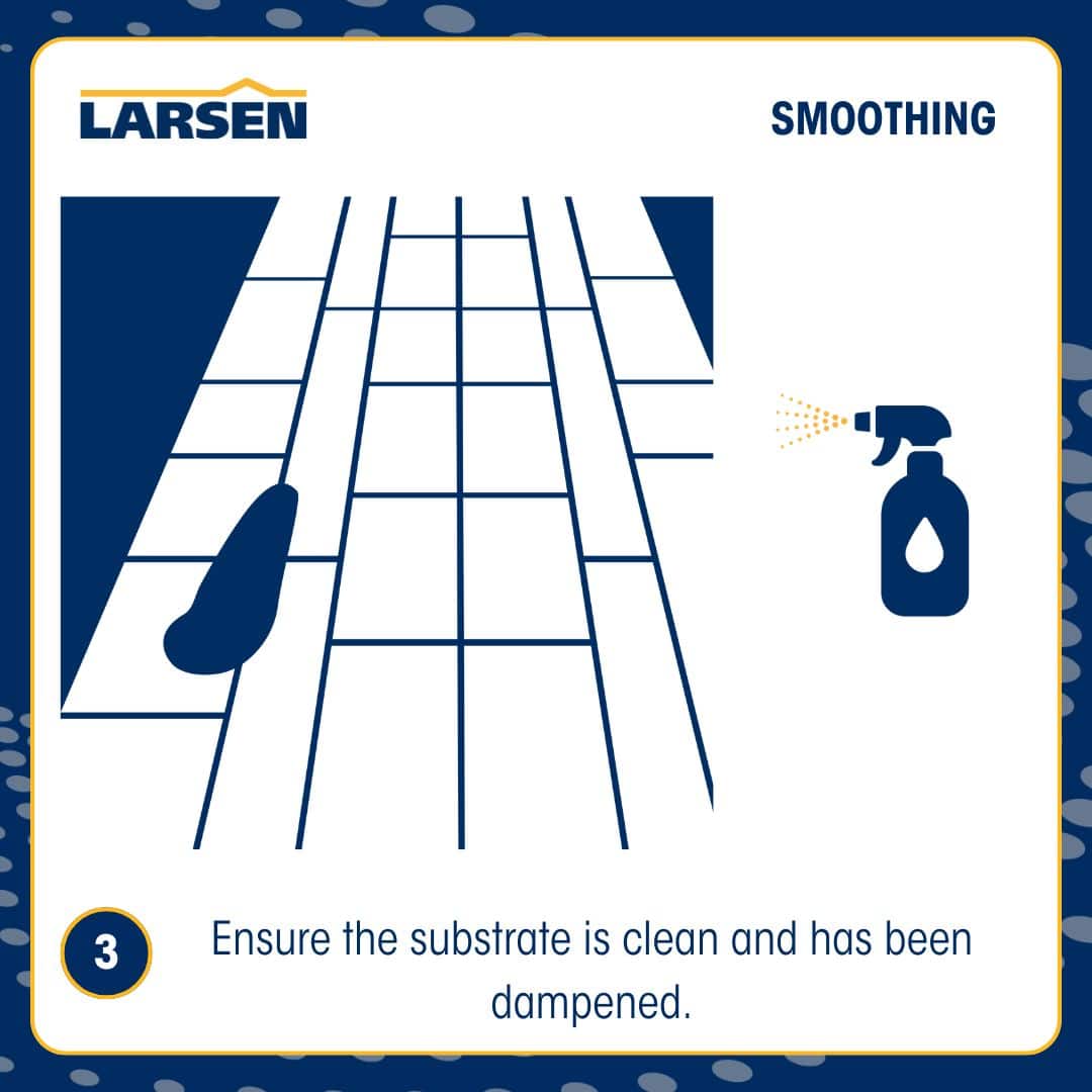 Step 4 of the Larsen Quickmix Rapid Repair Mortar process — adding the recommended amount of water to the dry mix.