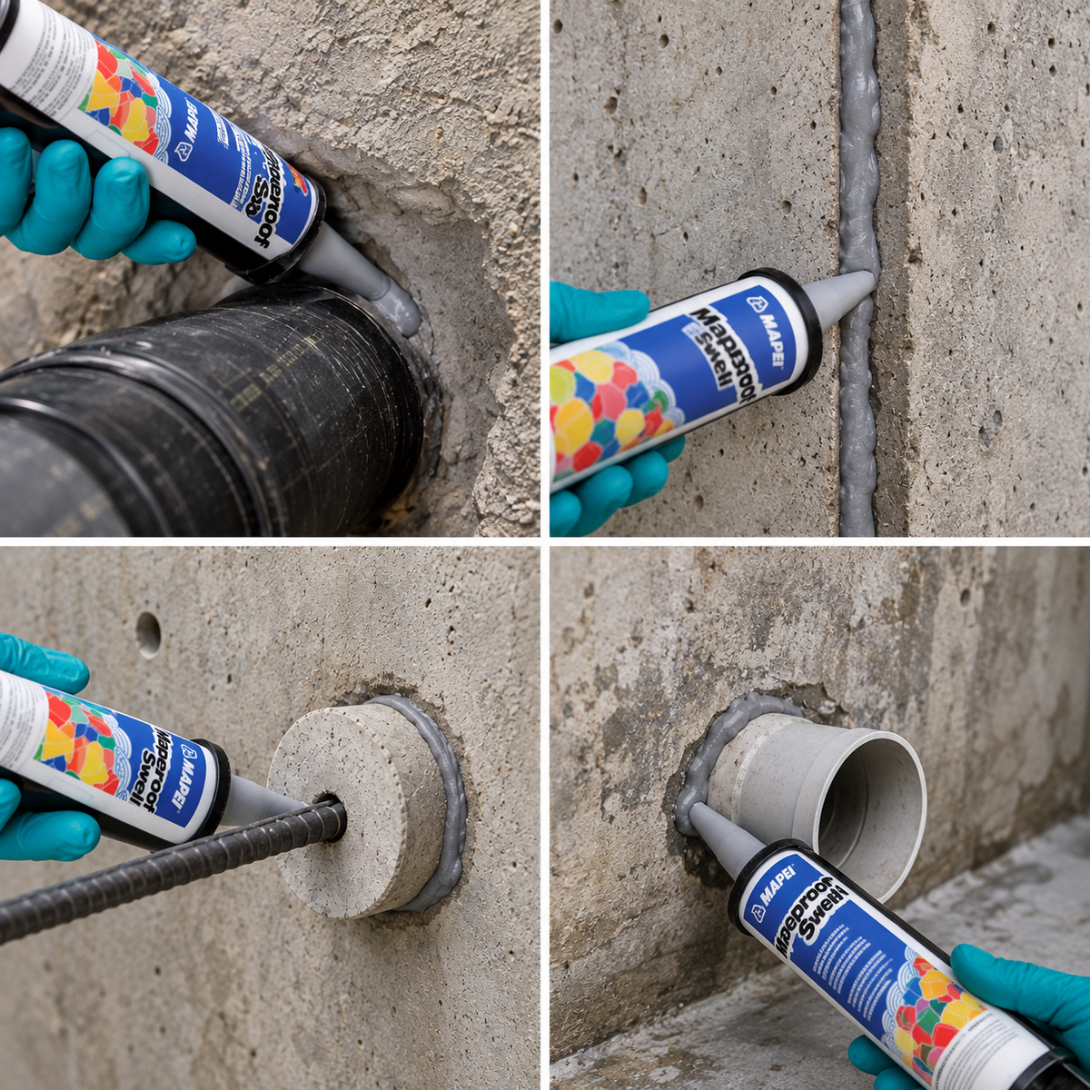 Mapei Mapeproof Swell hydrophilic sealant applied to concrete joints and around pipe penetrations for waterproof sealing.