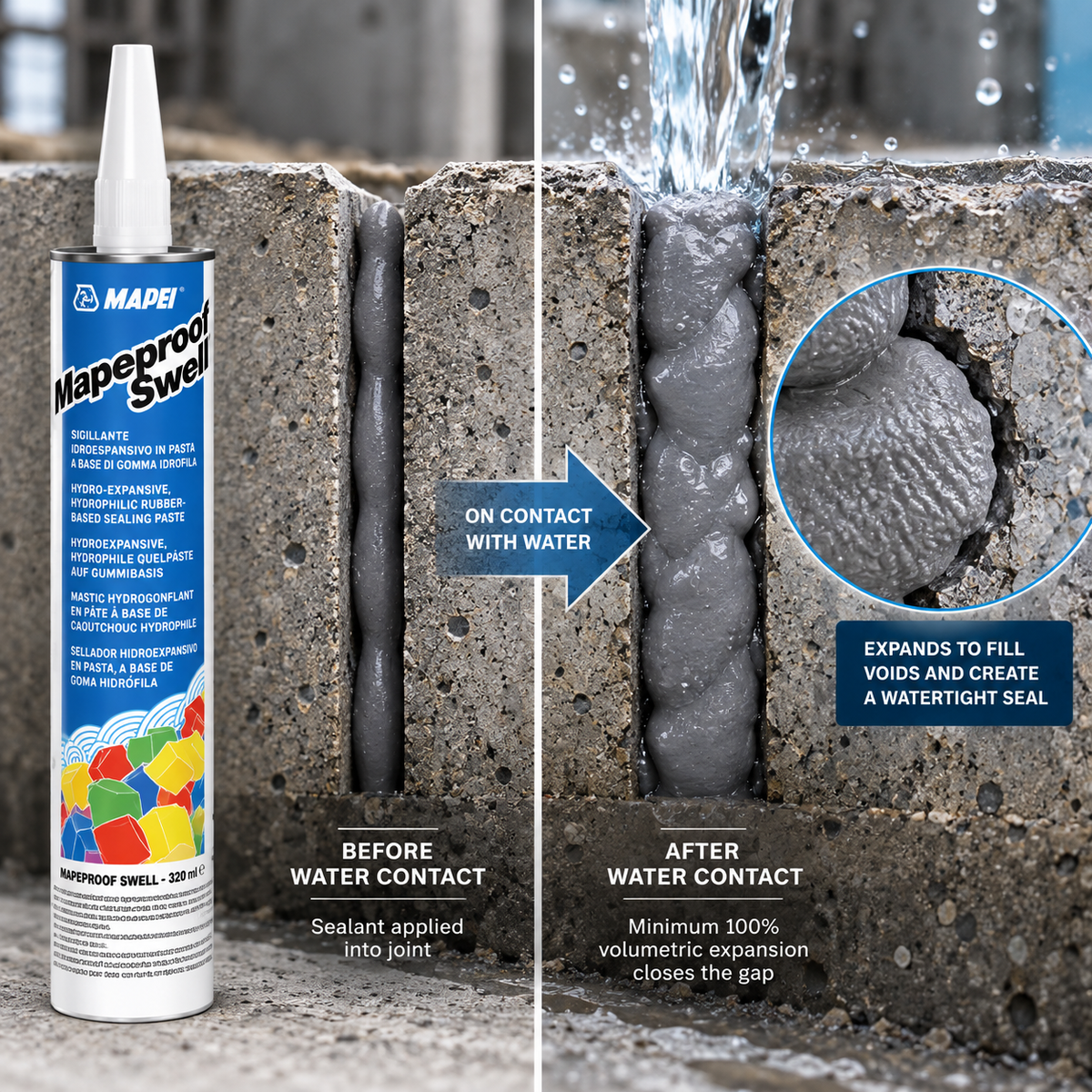 Mapei Mapeproof Swell hydrophilic sealant expanding on contact with water to fill a concrete joint and create a watertight seal.