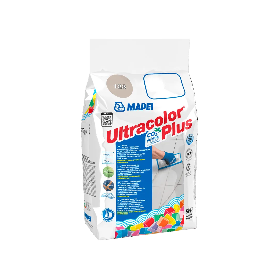 5kg bag of Mapei Ultracolor Plus Tile Grout — main packshot of the fast-drying, mould-resistant tile grout for narrow to wide joints.