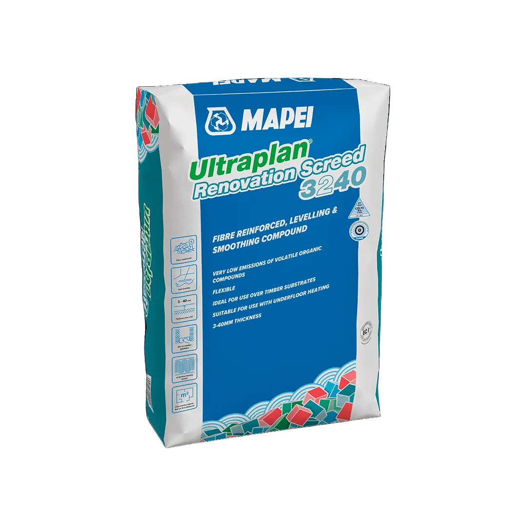 Mapei Ultraplan Renovation Screed 3240 25kg bags stacked on a full pallet of 38 bags