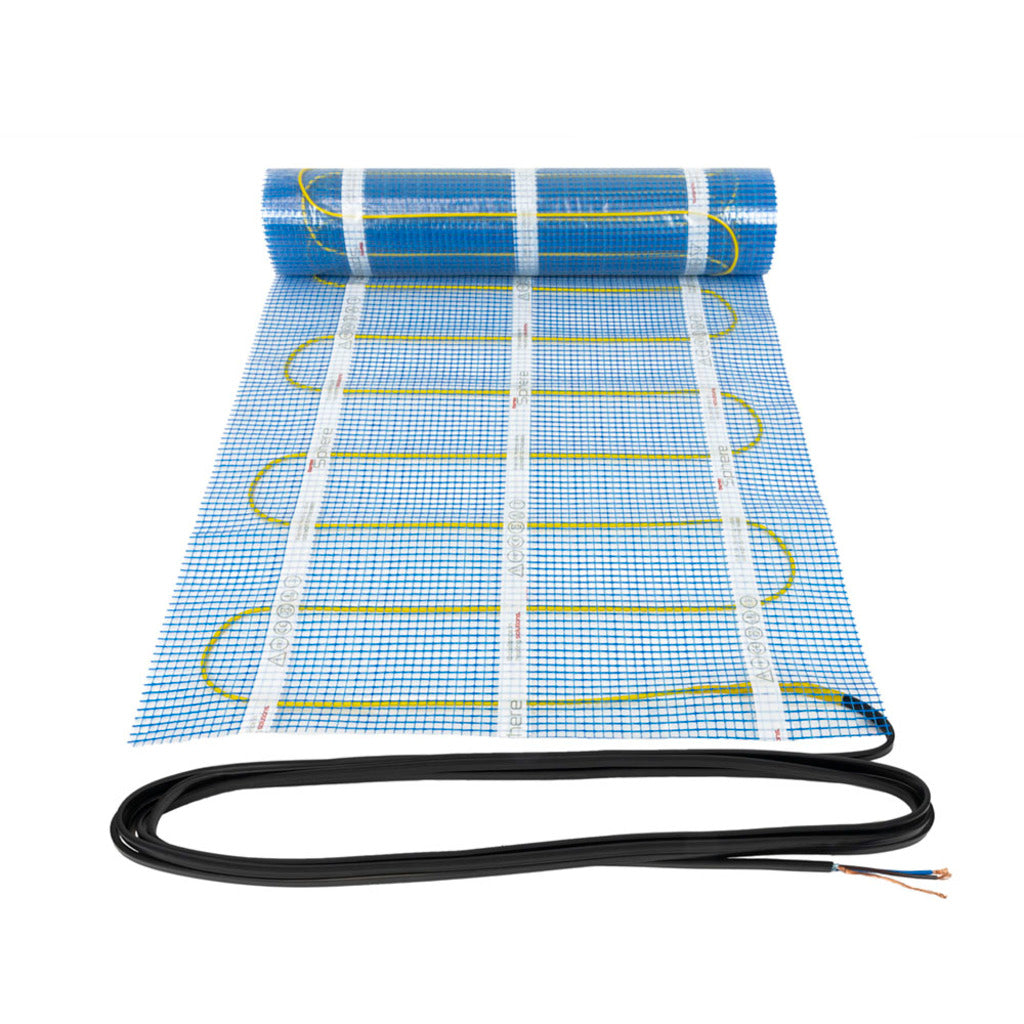 A blue and white grid-patterned floor heating mat, partially unrolled to show the serpentine yellow-green electrical trace, with a black cable running along the bottom, photographed on a solid white background.