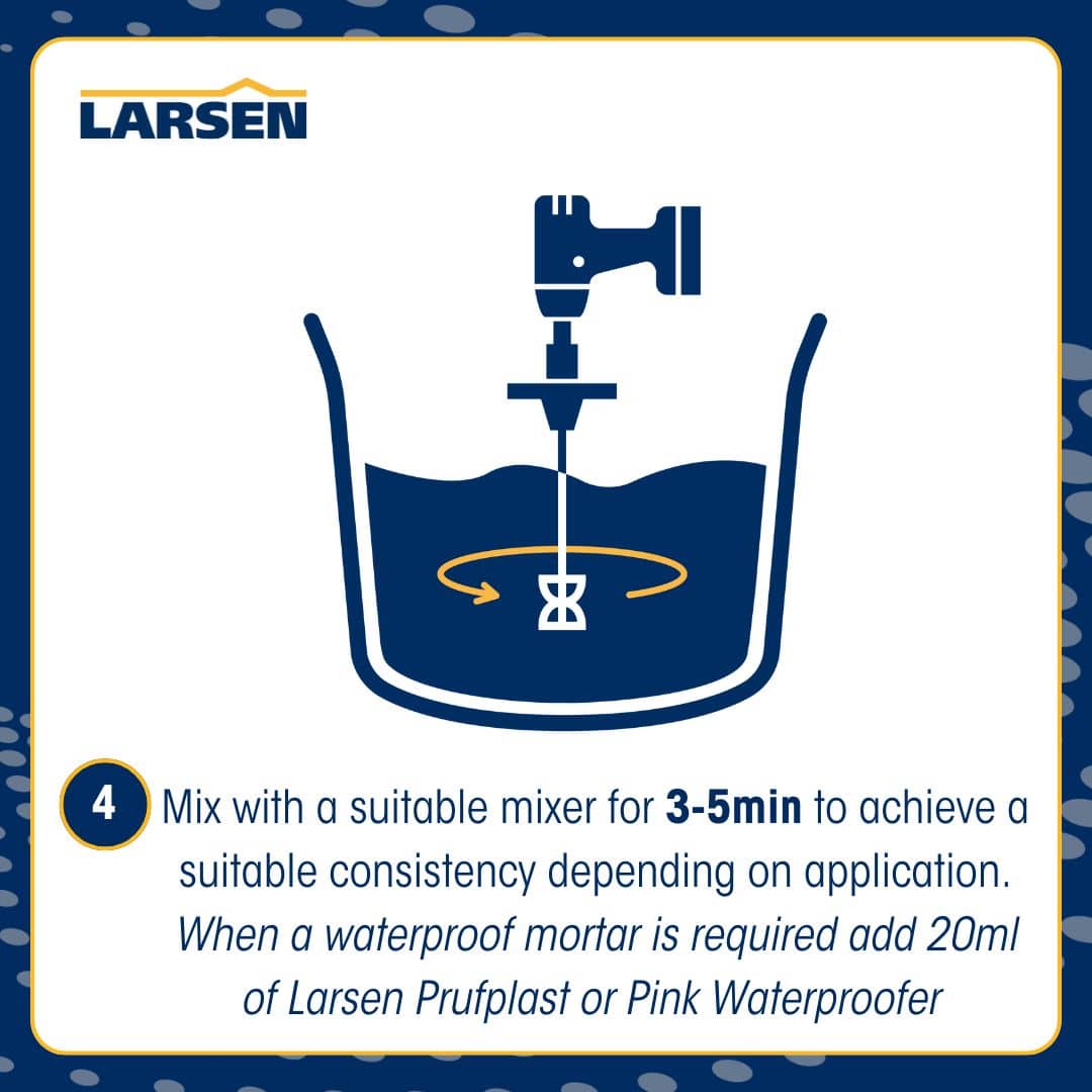 Step 5 of the Larsen Quickmix Sand & Cement application — loading the mixed mortar onto a trowel ready for use.