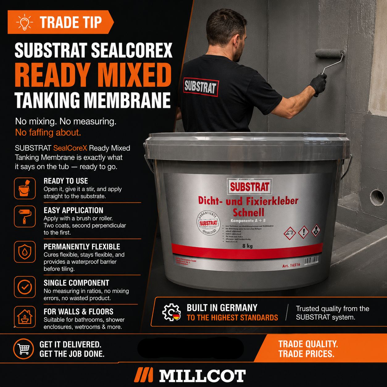 Substrat SealCoreX Ready Mixed Tanking Membrane trade tip graphic showing a tradesperson applying the product to a wall with a roller, alongside an 8kg tub, with key features including ready to use, easy application, permanently flexible, single component, and suitable for walls and floors.