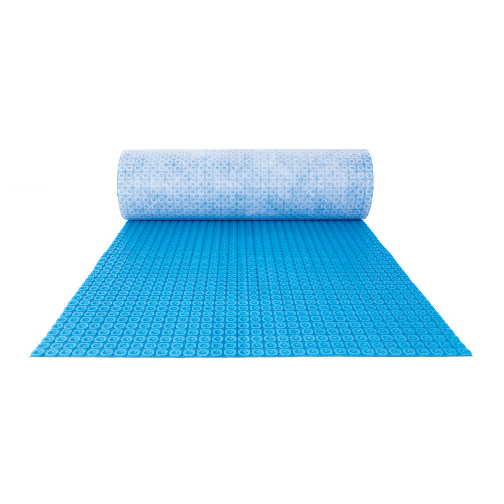A bright blue Thermosphere ultimate mat shown partially unrolled from a roll on a plain white background.