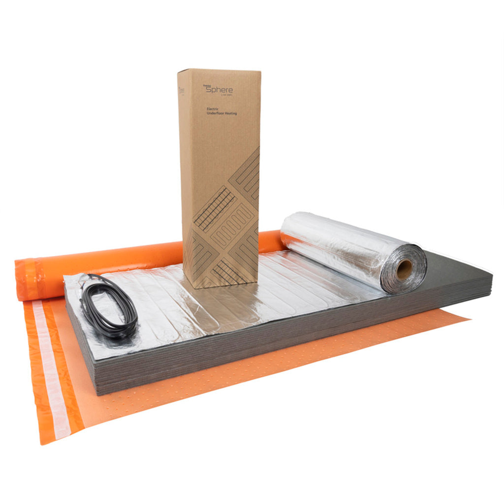 Thermosphere radiant floor heating mat kit with a roll of orange heating mats, a roll of silver insulation material, a black electrical cable and the overlay boards under the packaging box on a white background.