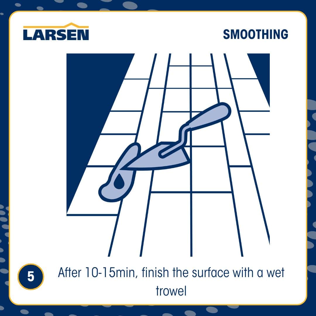 Step 6 of the Larsen Quickmix Rapid Repair Mortar process — loading the trowel with the prepared mortar.