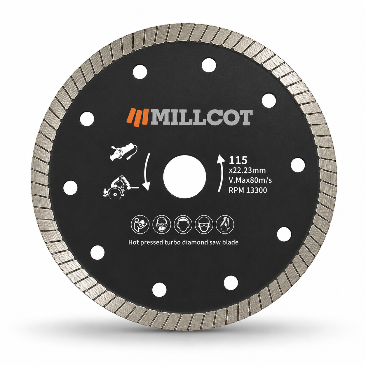 MILLCOT Professional 115mm tile and porcelain turbo diamond blade, 4.5 inch continuous turbo-rim blade with 22.23mm bore for angle grinders, front-face product shot