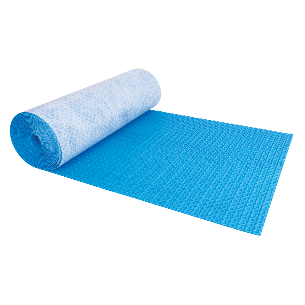 A rolled-up blue Thermosphere ultimate mat with a patterned underside, shown partially unrolled on a plain white background.