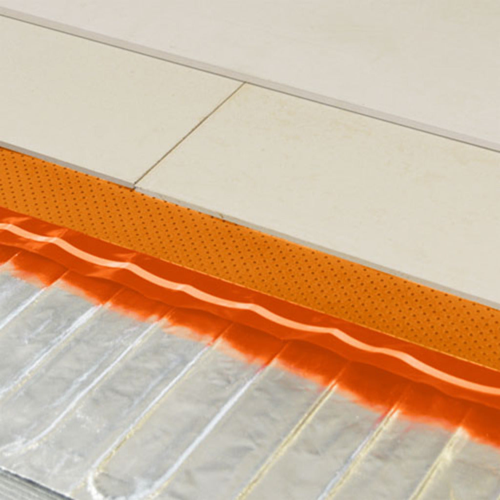 Cutout showing ThermoSphere Heating Foil Cement Overlay Board on top of the Thermosphere overlay, above Thermosphere foil underfloor heating.