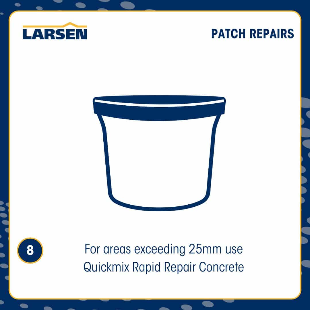 Step 9 of the Larsen Quickmix Rapid Repair Mortar process — finishing and smoothing the repaired surface flush with the substrate.