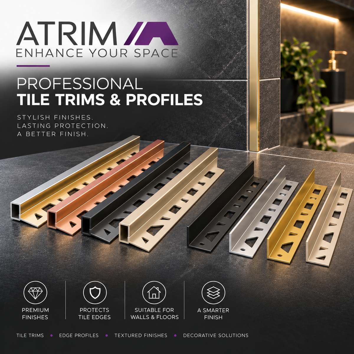 A-Trim Square Edge aluminium tile trim – 2.5m metal profile for ceramic and porcelain tile edges
