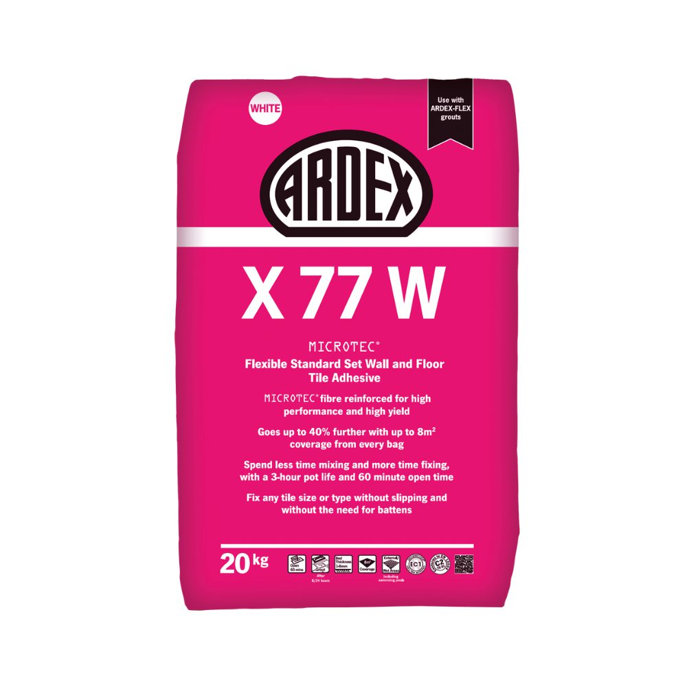 20kg bag of Ardex X77 Tile Adhesive — main packshot of the C2TE flexible polymer-modified cement-based tile adhesive.
