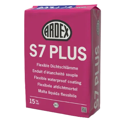 20kg bag of Ardex S7 Plus — main packshot of the rapid-set, flexible polymer-modified tile adhesive for porcelain, ceramic, and natural stone.