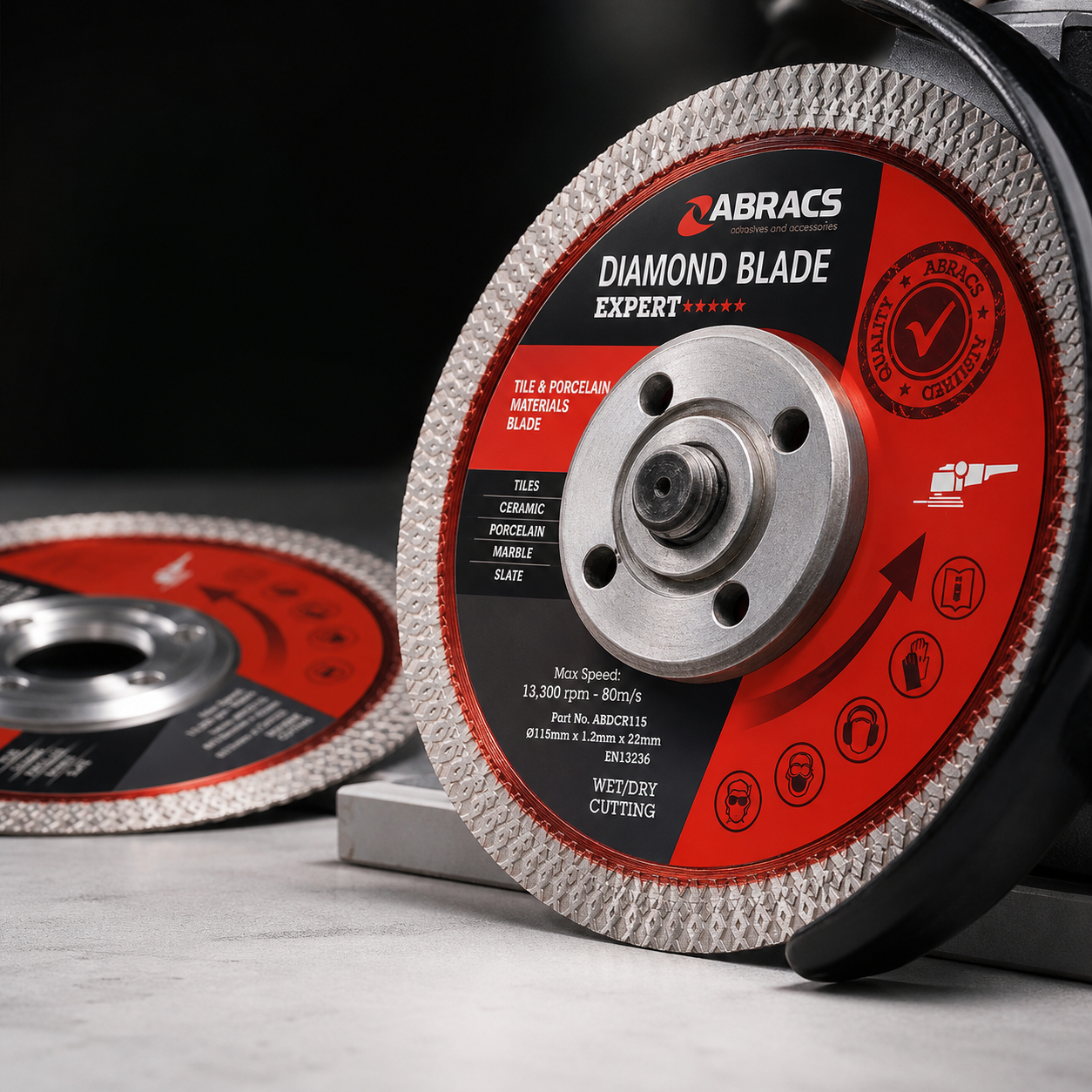 Abracs 115mm diamond blade close up of continuous rim and 22mm bore