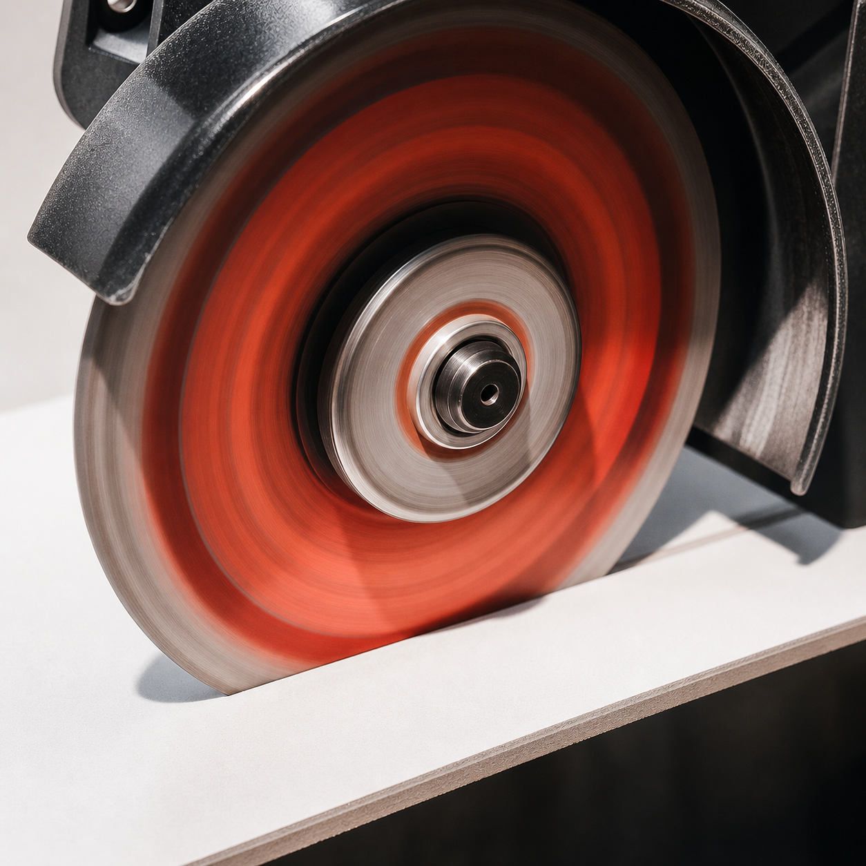 Abracs 115mm Tile & Porcelain Cutting Blade in use cutting porcelain tile with an angle grinder