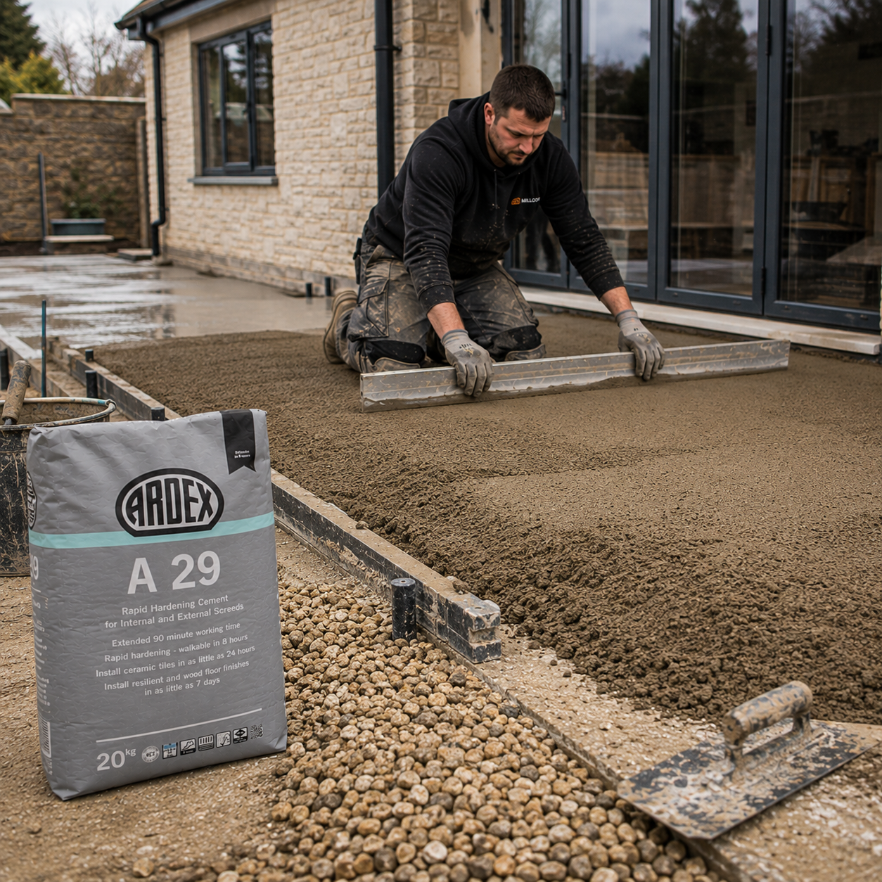 A man kneels outdoors smoothing wet scrred with a metal screed bar. A large bag of Ardex A 29 sits in the foreground on gravel, with a house and patio doors in the background.