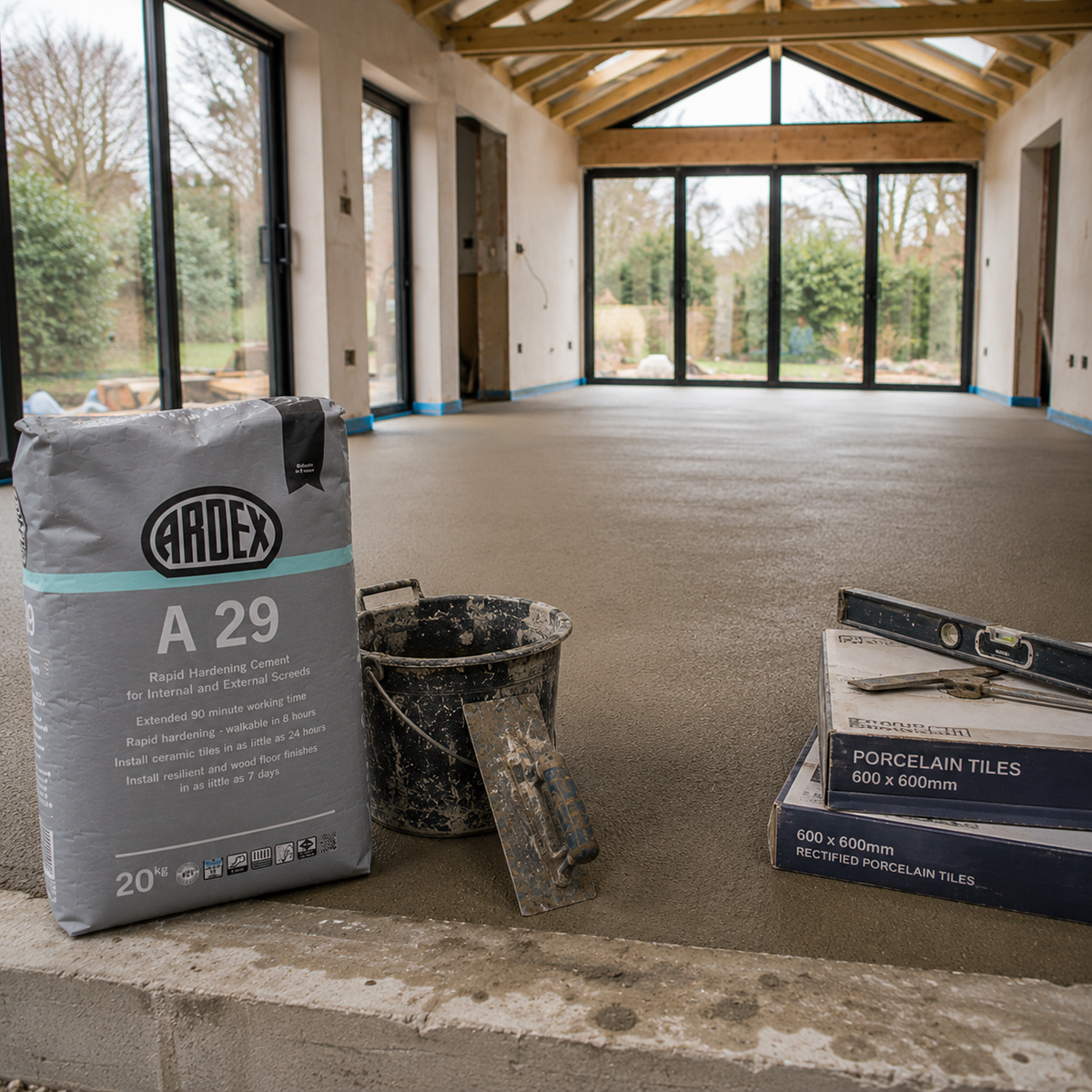 A bag of Ardex A 29 rapid hardening cement and a bucket and trowel sitting on a freshly laid screed, in a newly renovated room with large windows and wooden ceiling beams, alongside boxes of porcelain tiles.