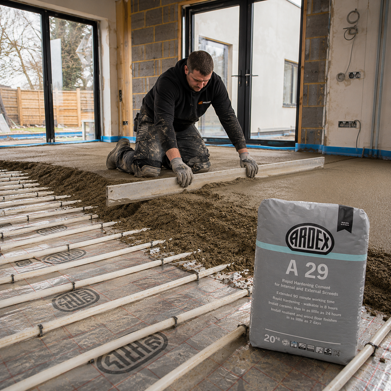 A construction worker kneels on wet floor screed applying mortar or screed in an indoor room, with a bag of ARDEX A 29 floor hardener in the foreground - underfloor heating pipes on xps foil insulation board protude out of the wet screed.