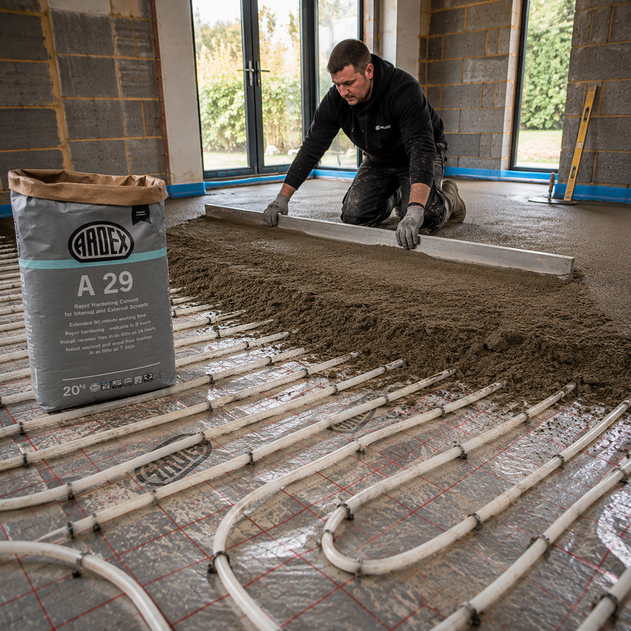 A man kneels on a wet floor installation inside a building, spreading screed over underfloor heating pipes fixed to xps insulation boards. A large grey bag of Ardex A29 cement is visible on the left.