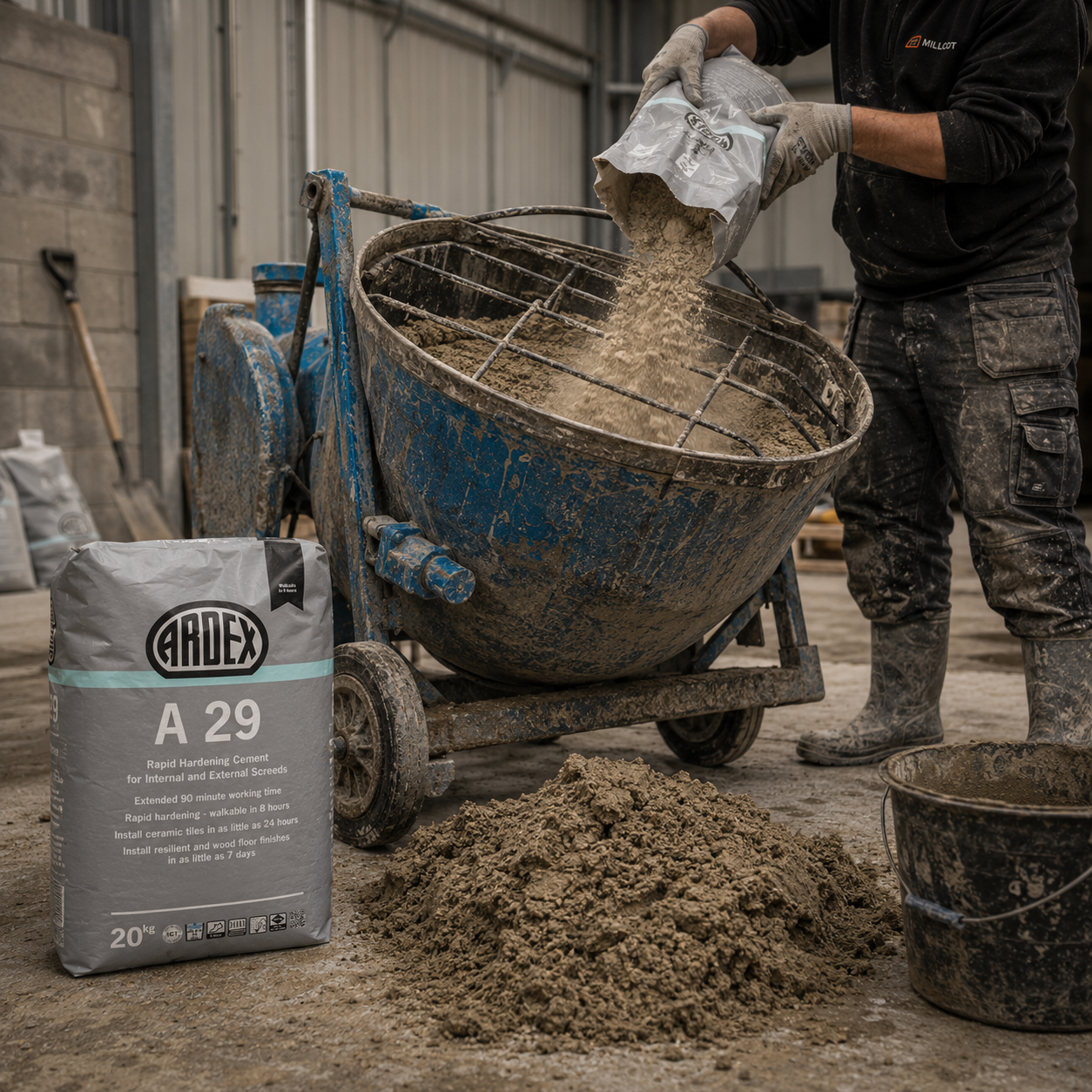 A person in work clothes pours Ardex A29 powder into a blue concrete mixer in a construction setting. A large bag of Ardex A29 is shown in the foreground on a concrete floor.