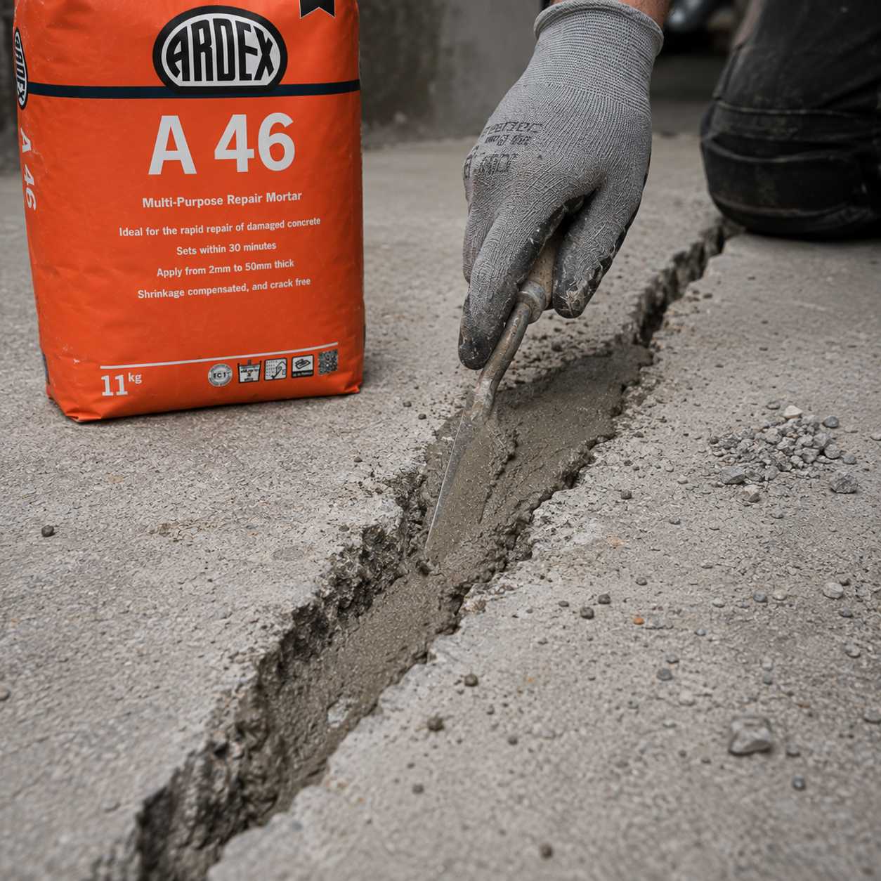 A close-up of a gloved hand using a trowel to apply repair mortar into a crack in concrete, with a large orange bag of Ardex A 46 Multi-Purpose Repair Mortar visible on the left.