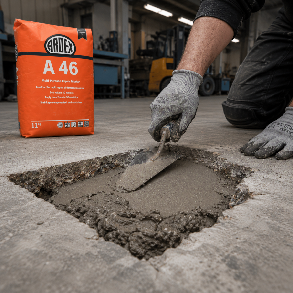 A bag of Ardex A 46 multi-purpose mortar mix stands next to a worker kneeling on a concrete floor, using a trowel to spread wet mortar into a square hole.