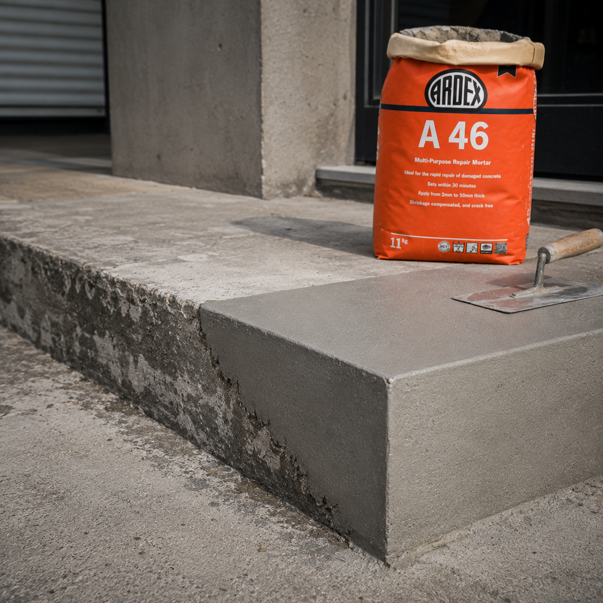 An orange bag of ARdex A46 Repair Mortar sits on a freshly repaired concrete step next to a metal trowel.