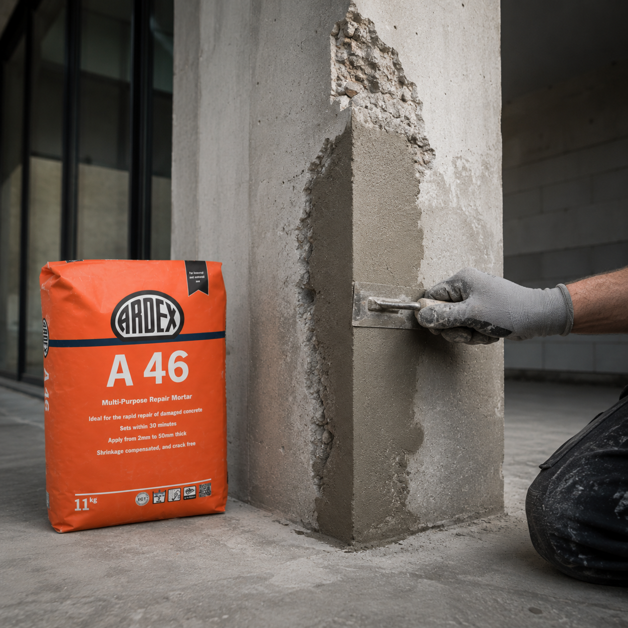 An orange bag of Ardex A 46 multi-purpose repair mortar sits next to a worker's gloved hand applying wet mortar with a trowel onto a rough concrete pillar in an outdoor or industrial setting.