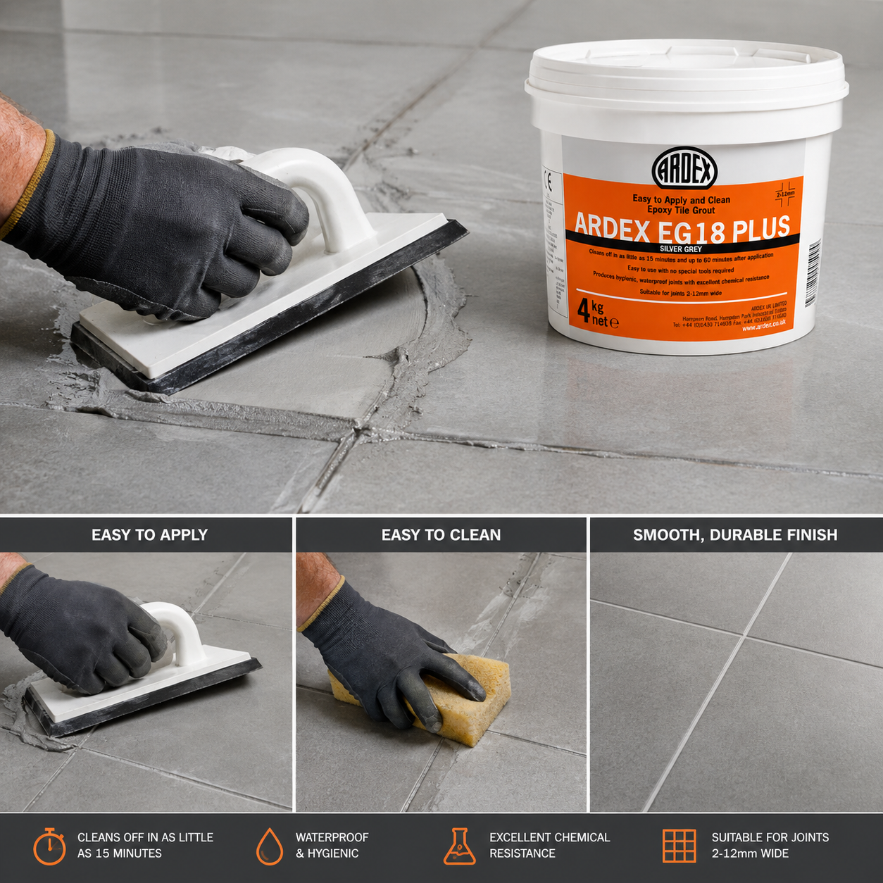 Ardex EG 18 Plus epoxy tile grout applied in use, close-up