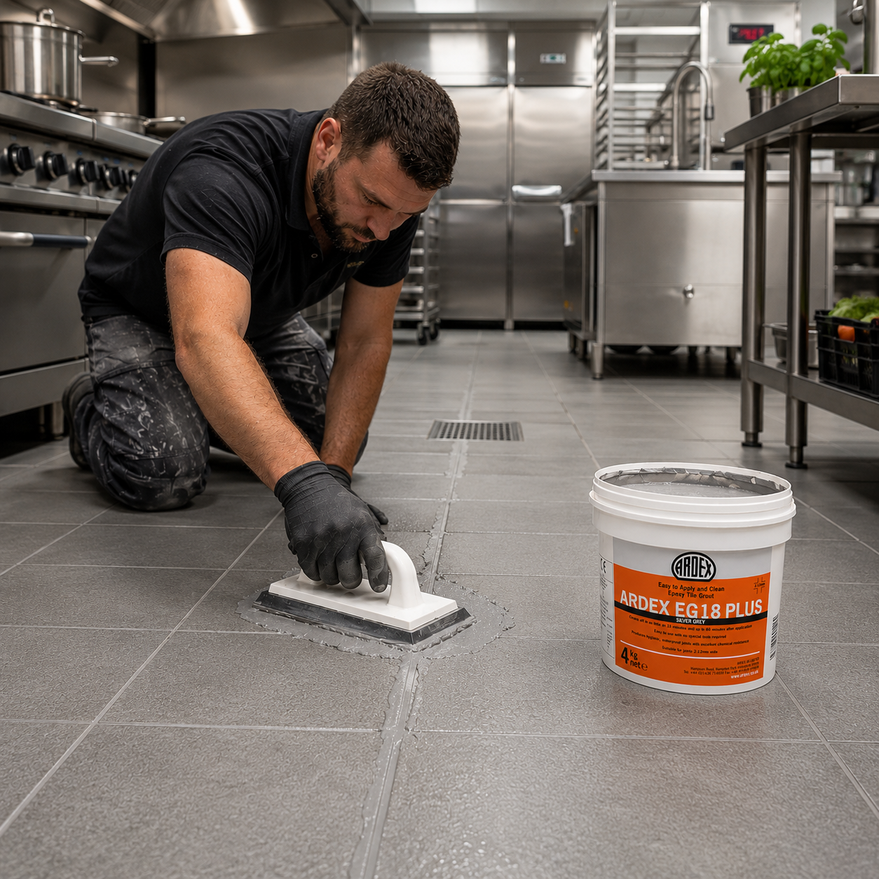 Ardex EG 18 Plus epoxy tile grout in a commercial kitchen installation