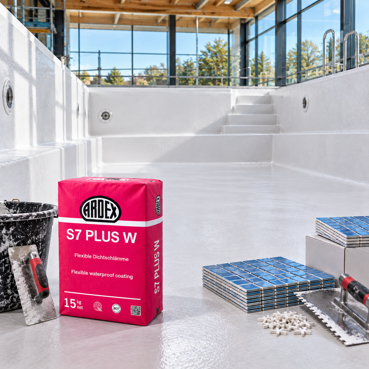 Close-up of ARDEX S7 Plus W waterproof coating applied to a swimming pool wall with a trowel