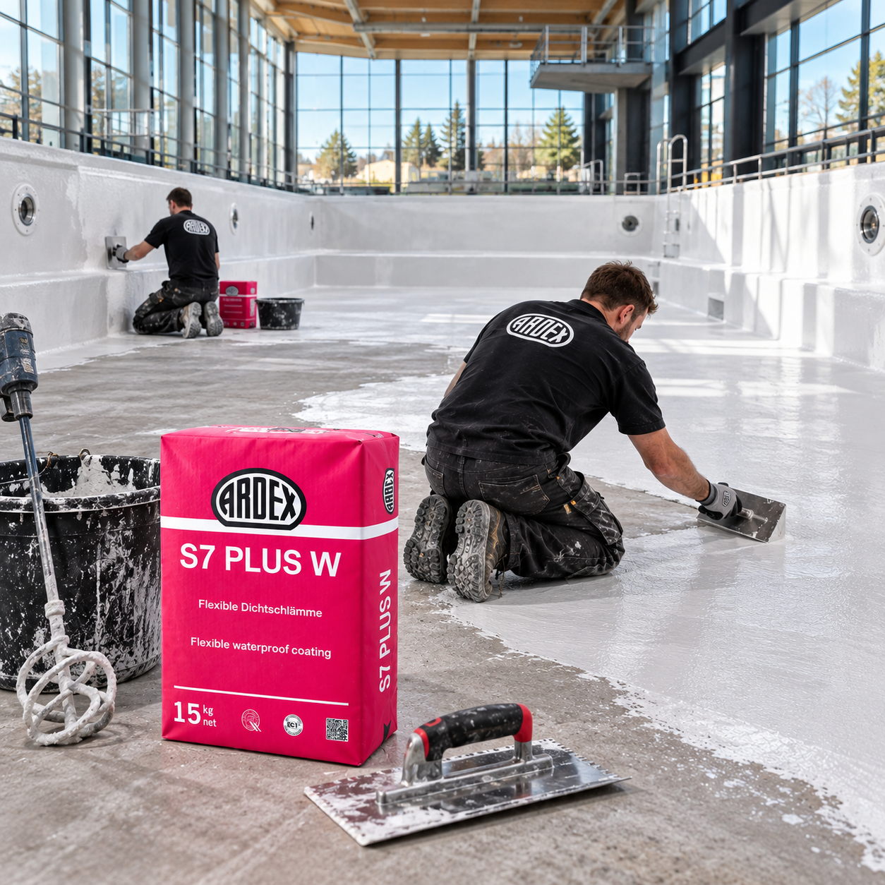ARDEX S7 Plus W waterproofing applied around swimming pool steps and wall junctions