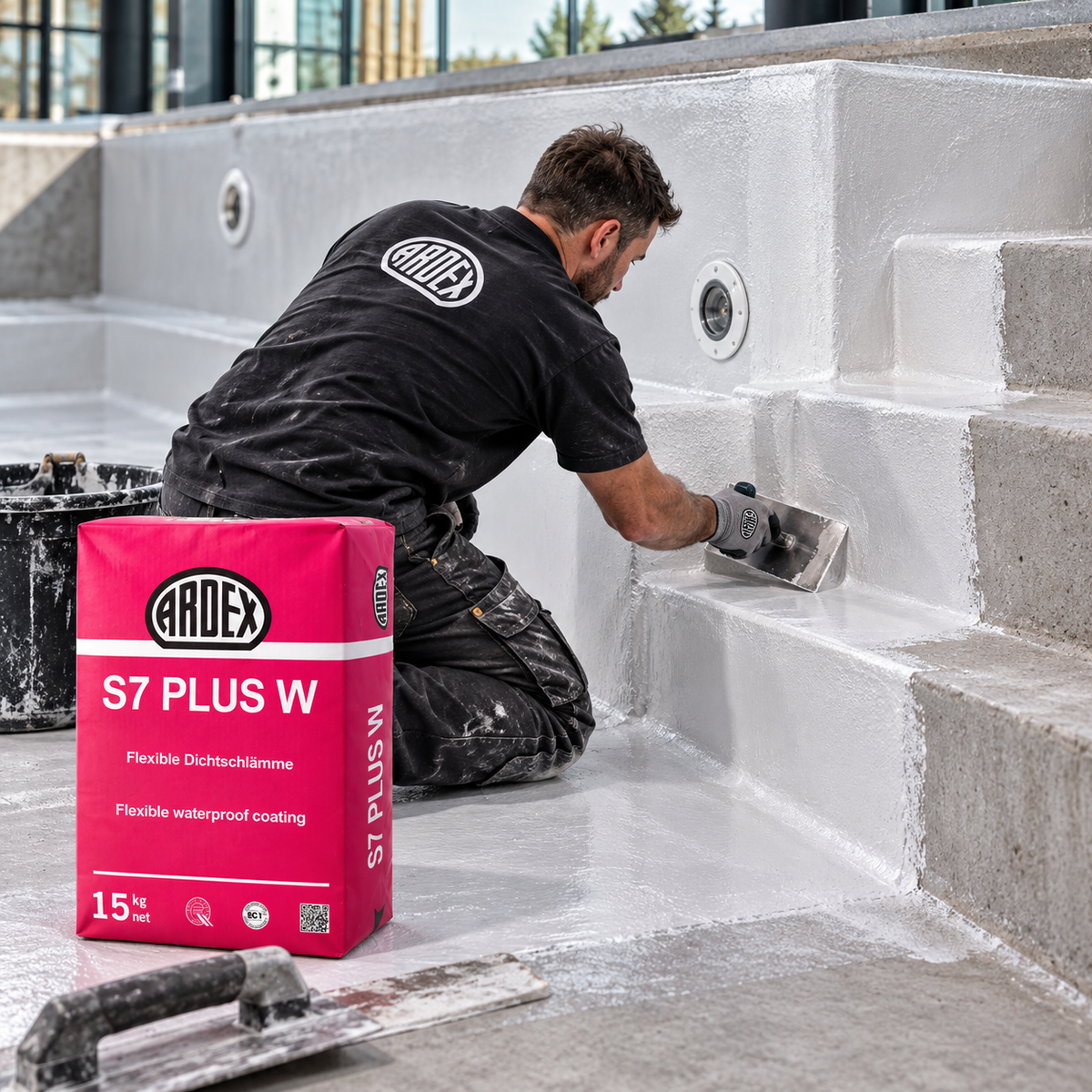 ARDEX S7 Plus W used to waterproof a large indoor swimming pool before tiling