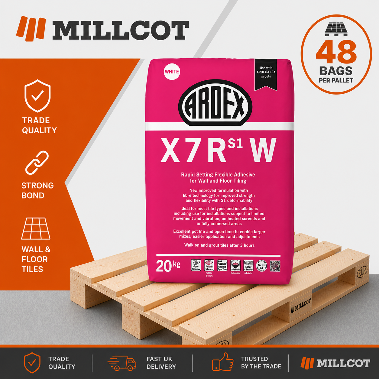 Ardex X7RW Flexible Rapid Set White Tile Adhesive Full Pallet 48 x 20kg Bags