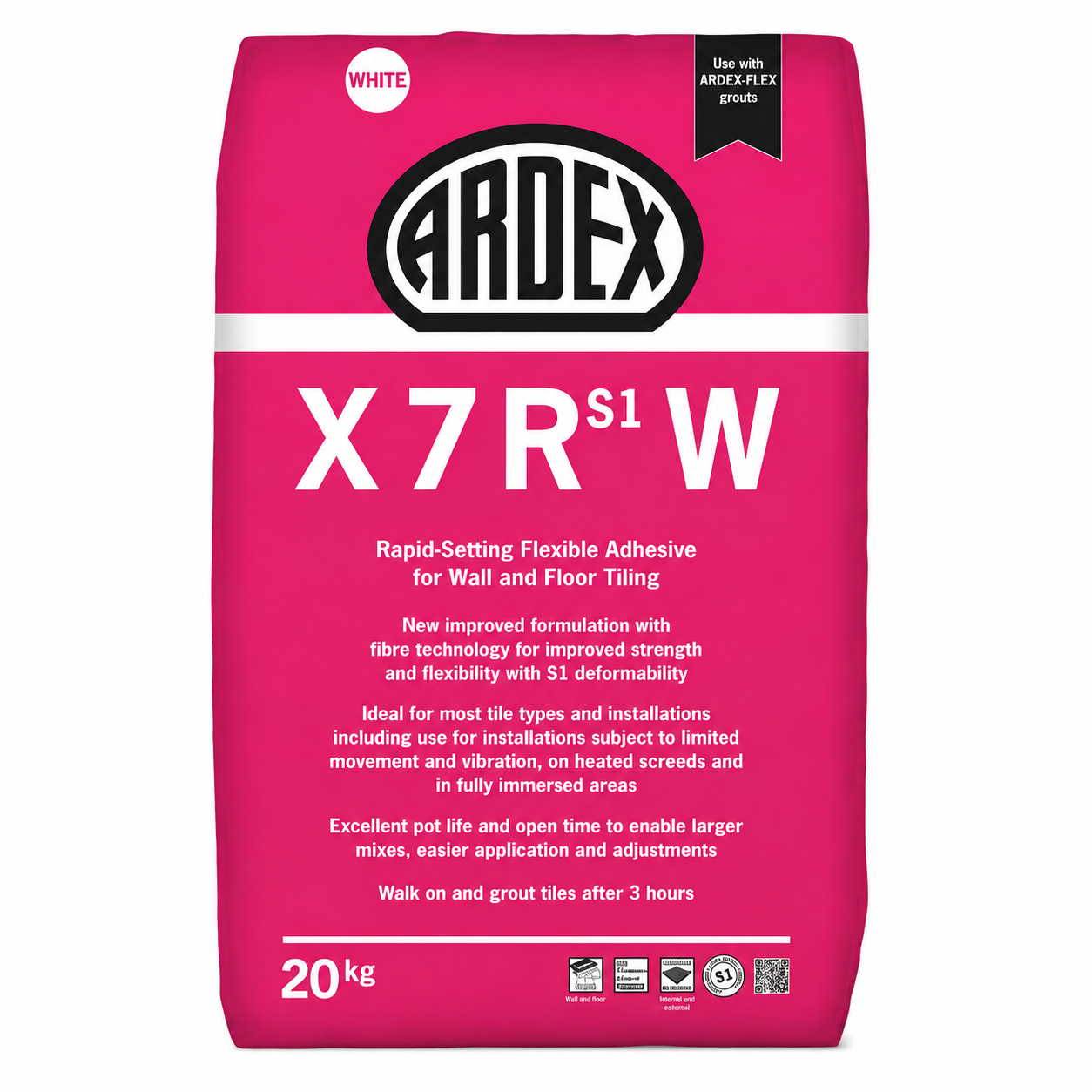 A 20kg bag of Ardex X7RS1W White Rapid-Setting Flexible Adhesive for wall and floor tiling, featuring a bright pink bag with white and black text and logos.