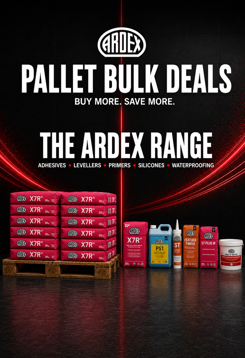 Promotional graphic for Ardex bulk deals showing a pallet stacked with pink X7R product boxes alongside several smaller Ardex product containers on a dark studio background with red light streaks and large white text reading 'PALLET BULK DEALS' and 'THE ARDEX RANGE'.