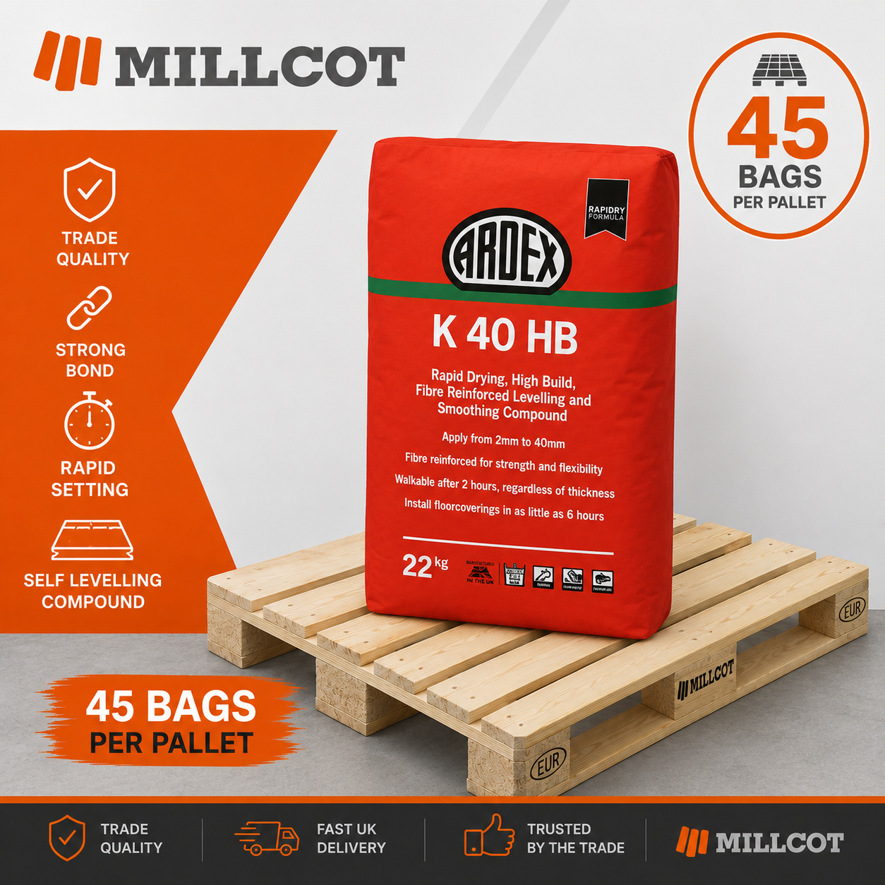 Pallet of 45 x 22kg bags of Ardex K40HB Rapid Drying High-Build Self-Levelling Compound