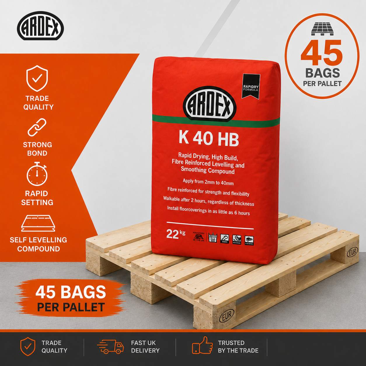 Ardex K 40 HB rapid drying high-build fibre reinforced self-levelling compound 22kg full pallet of 45 bags