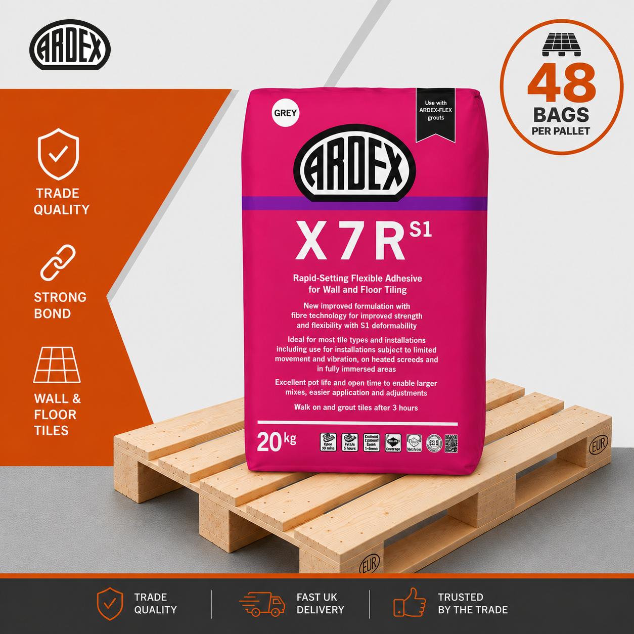 Ardex X7R S1 flexible rapid set wall and floor tile adhesive grey 20kg full pallet of 48 bags
