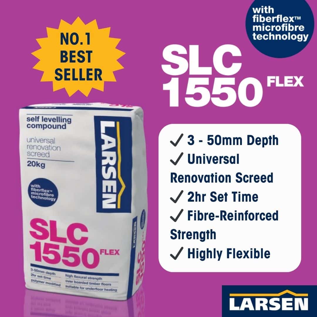 A bag of Larsen SLC 1550 Flex self-leveling compound shown on a purple promotional background with text callouts, a yellow 'No.1 Best Seller' badge, and a white feature checklist box.