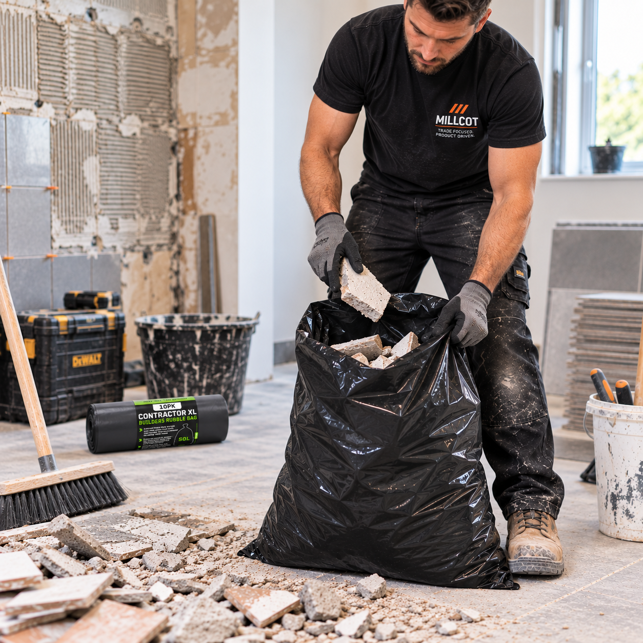 Tradesman using Buffalo Contractor XL 50L rubble bag for broken tiles and building waste
