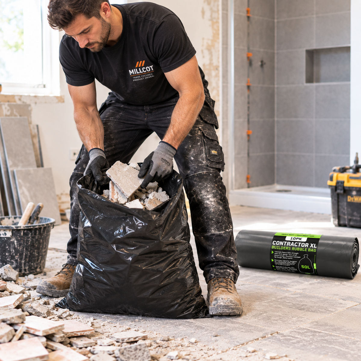 50L heavy duty builders rubble bag filled with broken tiles during bathroom renovation