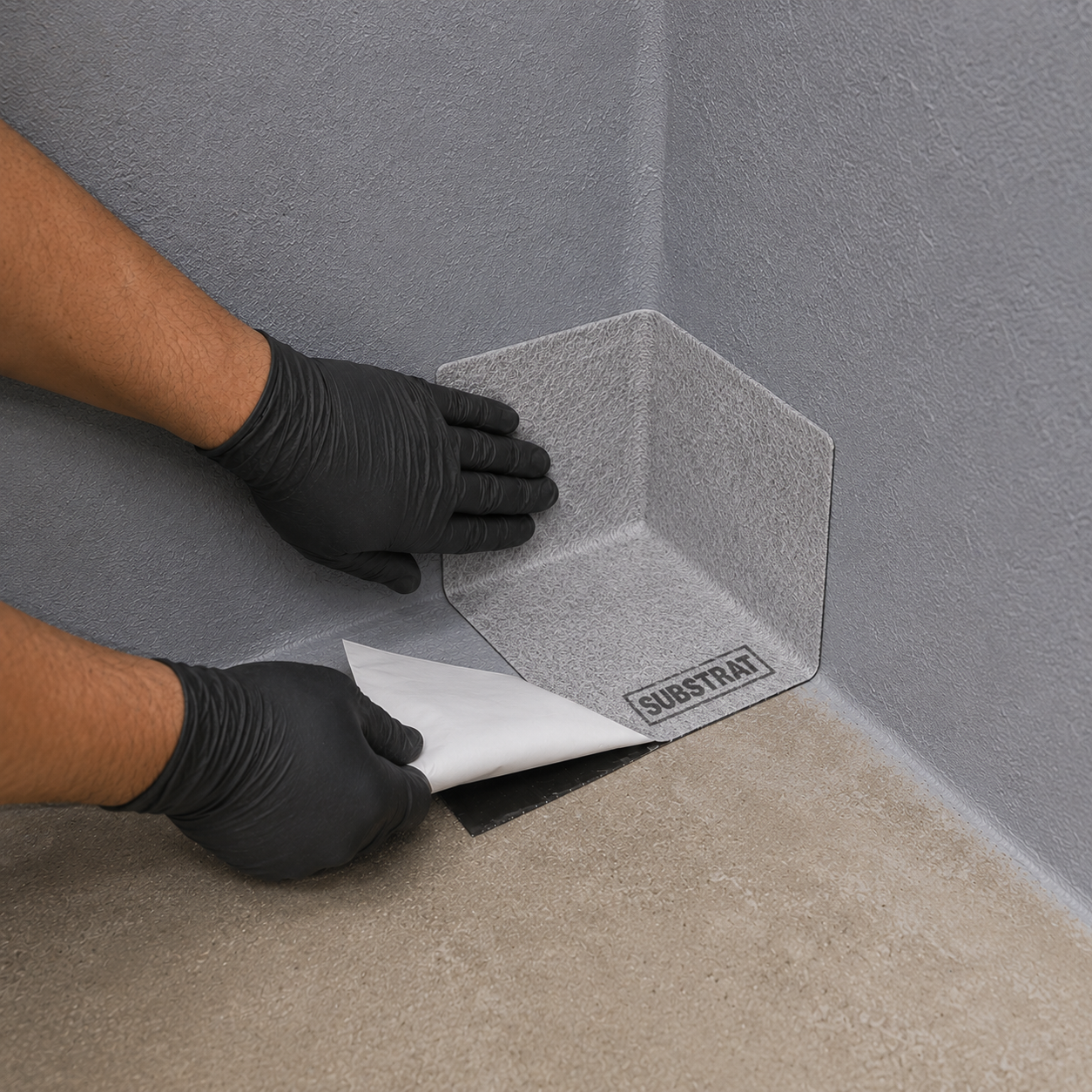 Installer in black gloves fitting a ButylX Pro pre-formed self-adhesive internal corner piece into a wall-floor-wall corner junction, peeling the release liner to expose the butyl adhesive
