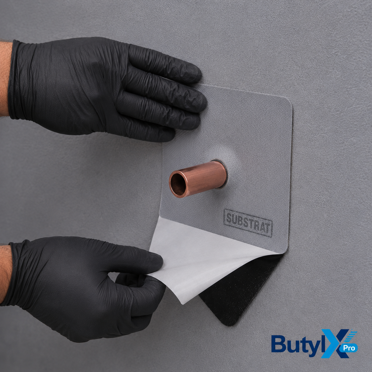 Installer in black gloves applying a ButylX Pro self-adhesive pipe collar waterproofing flashing around a copper pipe penetration through a wall, peeling the release liner to bond it in place