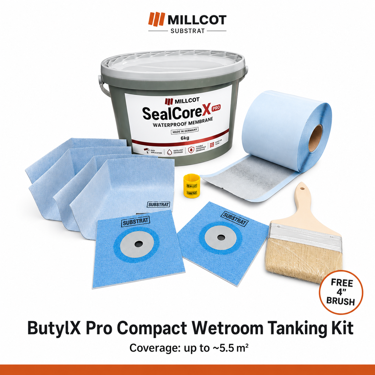 Millcot SealCore X3 waterproof membrane wetroom tanking kit, including a grey bucket of sealant, blue membrane sheets, a roll of blue membrane, a small yellow billy click installation aid, a paint brush, and a free 4-inch brush offer, on a white background.